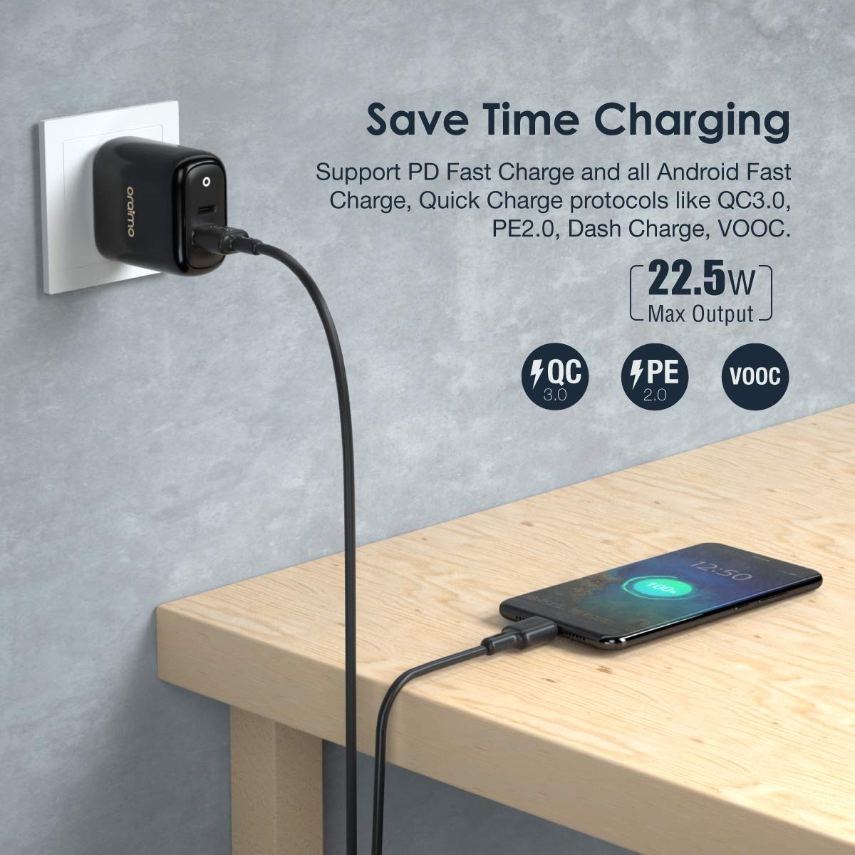 Oraimo 22.5W USB&C Wall  2 Port Charger - Support all Android fast charge protocols